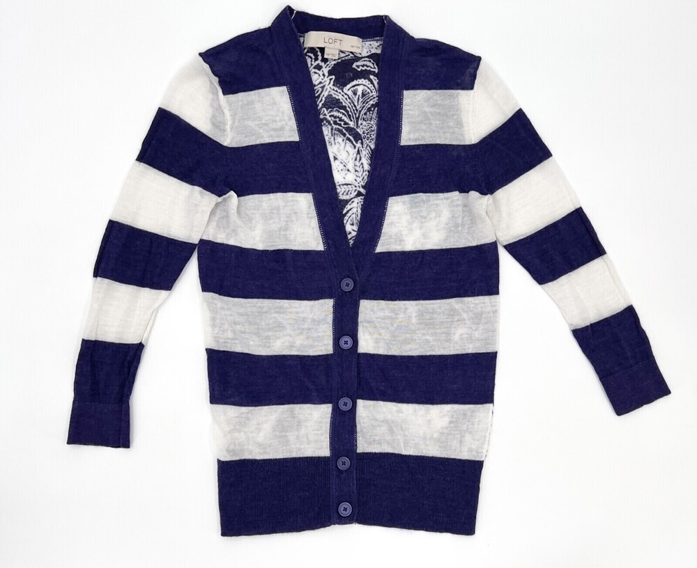 Ann Taylor LOFT Cardigan Sweater Womens Extra Small Petite Purple Striped Button